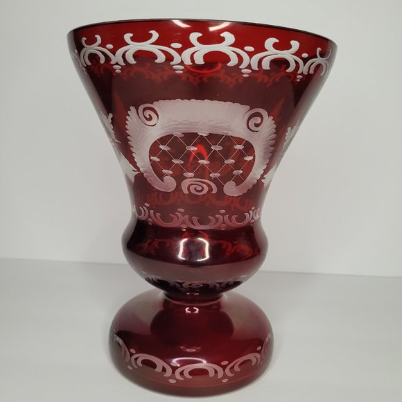 Egermann Bohemian Czech Cranberry Vase Ruby 7" Tall Red Cut to Clear Home Decor - Picture 6 of 6